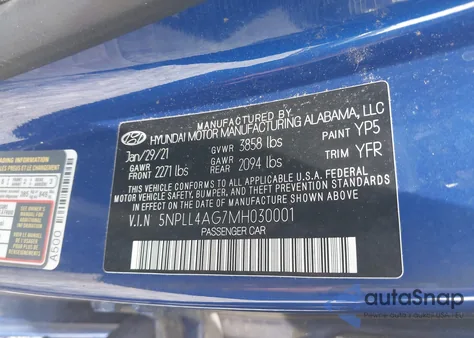 2021 Hyundai Elantra Se z USA, uszkodzony, nr VIN 5NPLL4AG7MH030001